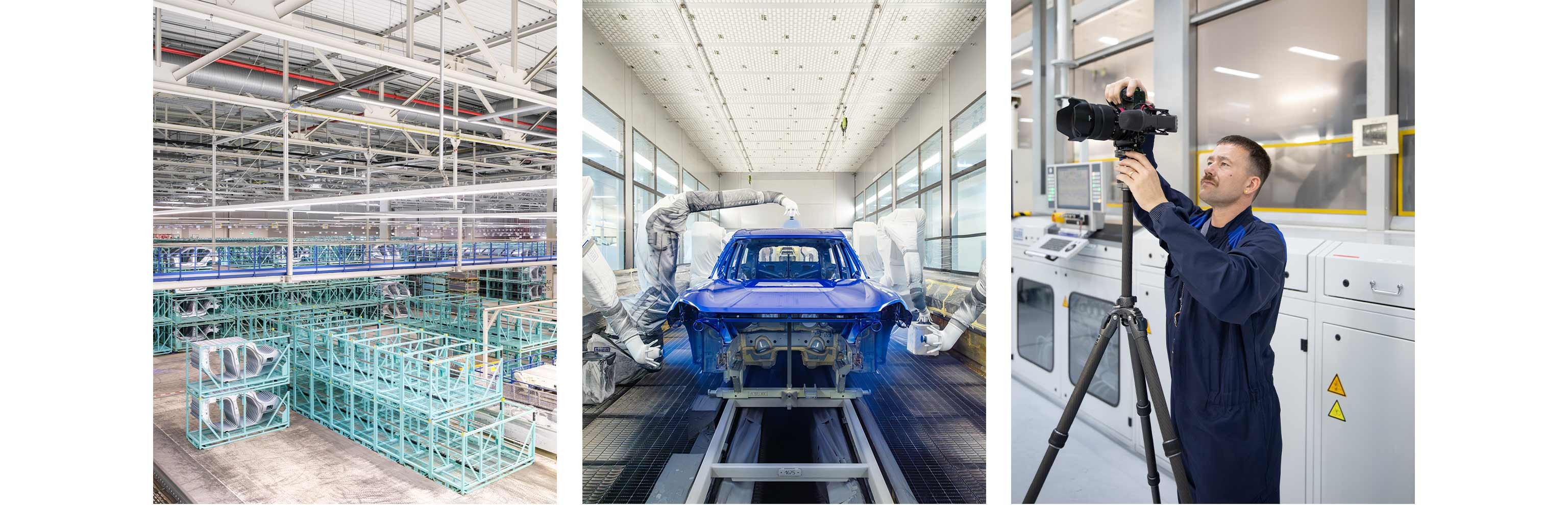 Car parts in aquamarine-coloured storage frames at BMW Group Plant Leipzig. Car body shell in the process of being painted an electric blue colour in the BMW Group Plant Leipzig paint shop. Pictured, Alastair Philip Wiper in a navy-blue factory uniform as he adjusts his camera and tripod.